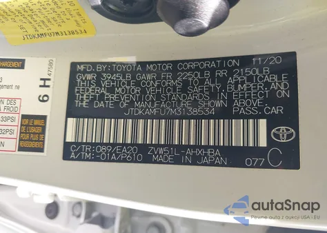 2021 Toyota Prius Xle z USA, uszkodzony, nr VIN JTDKAMFU7M3138534